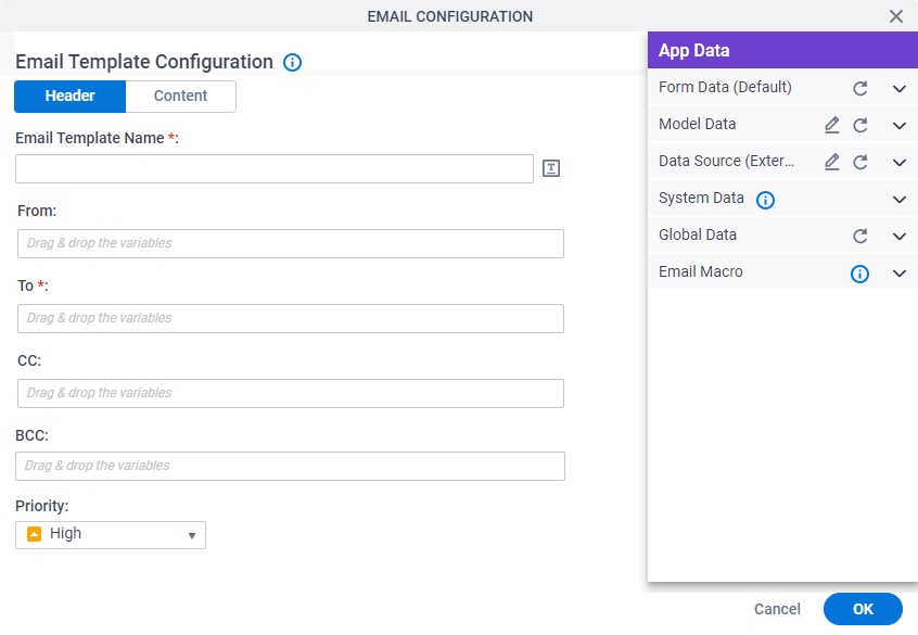Email Template Configuration screen
