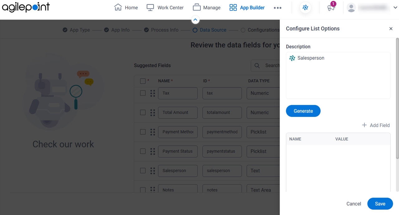 Configure List Options screen