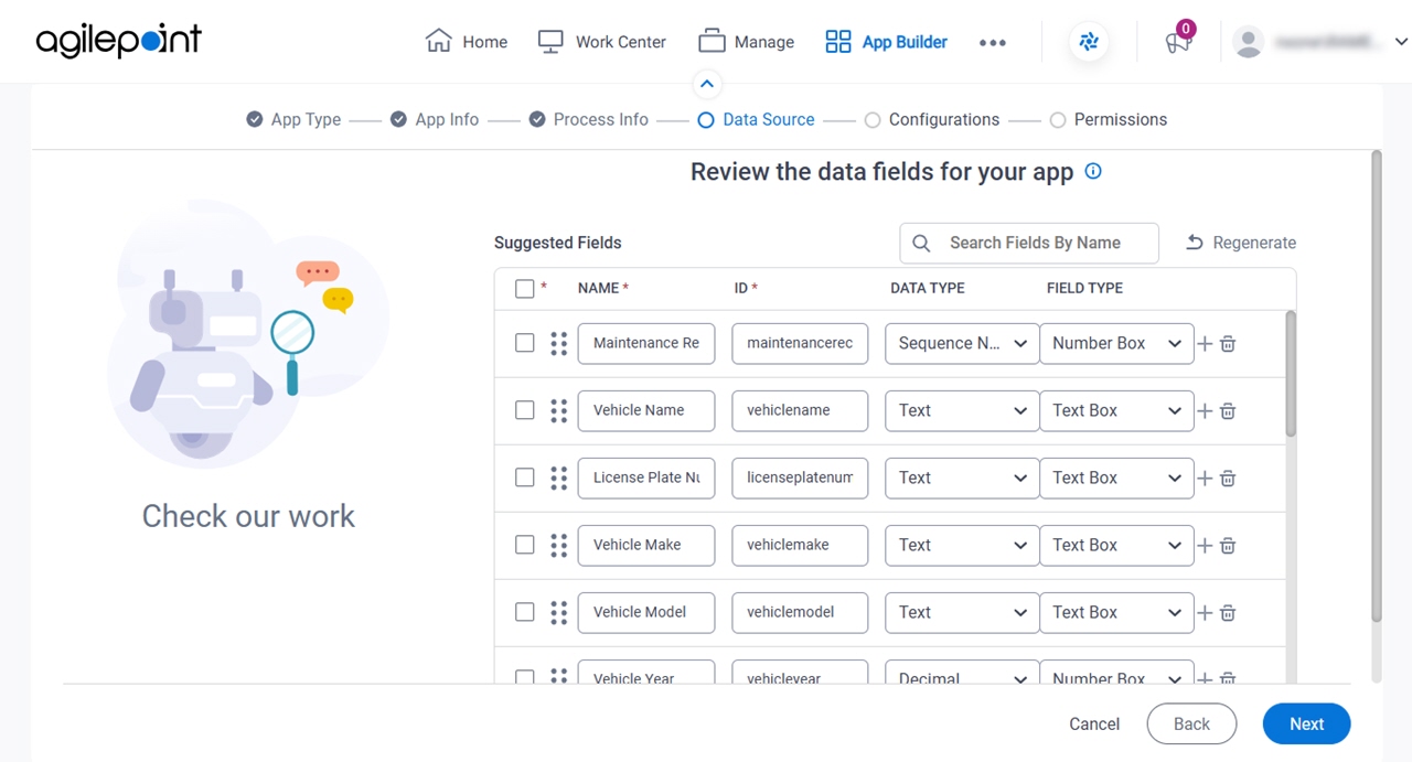 Review the data fields for your app screen