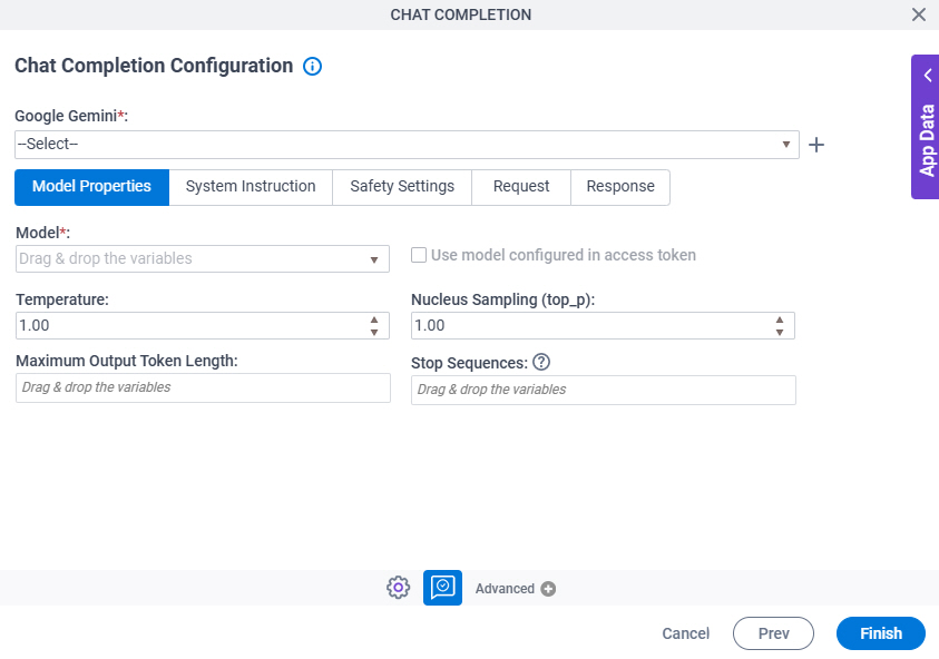 Chat Completion Configuration Google Gemini Model Properties tab