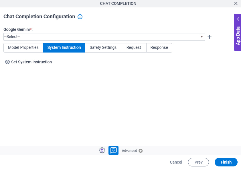 Chat Completion Configuration Google Gemini System Instruction tab
