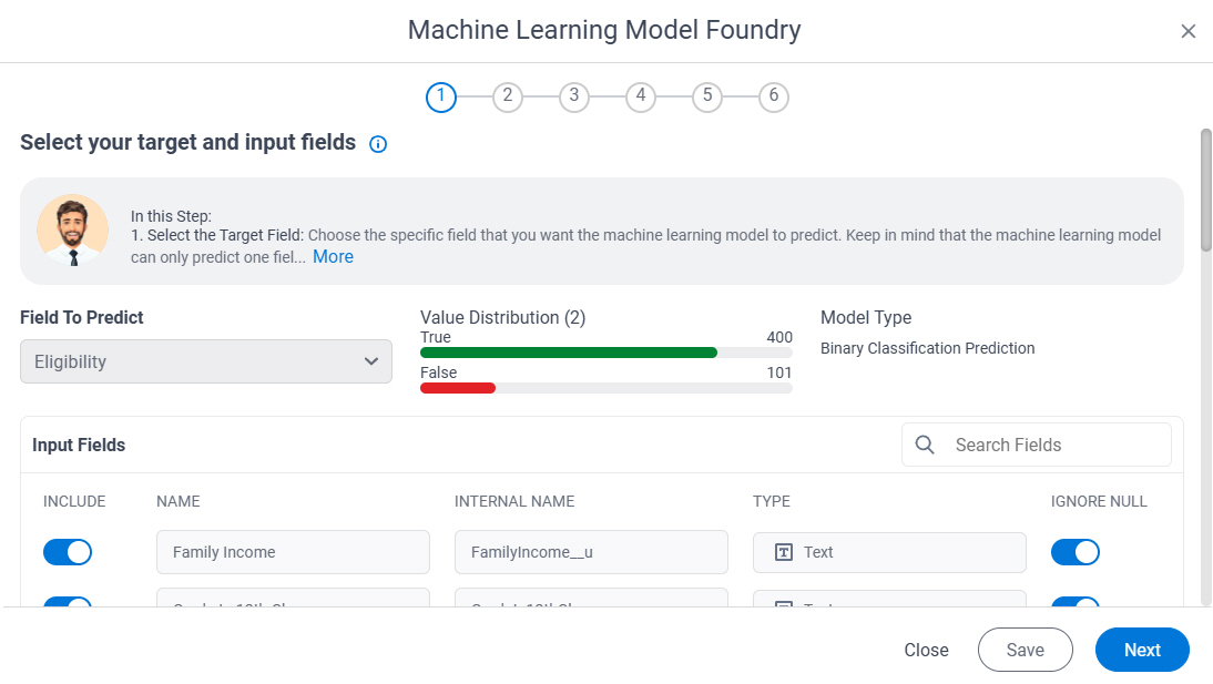 Select your target and input fields screen