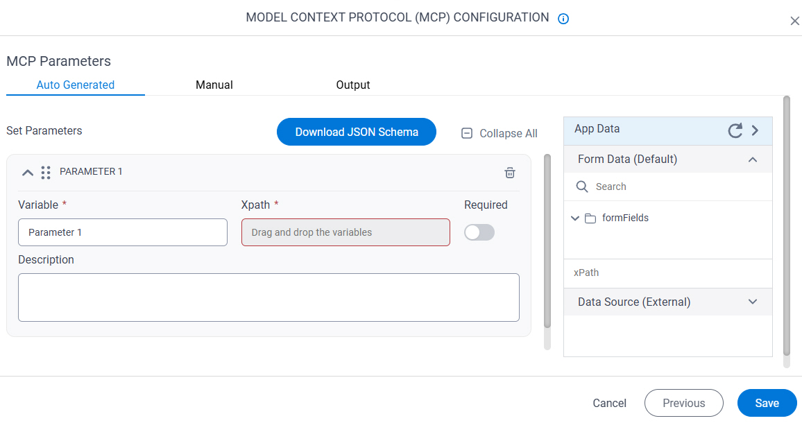 MCP Configuration Set Parameters screen