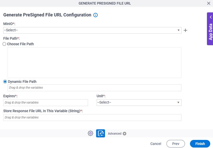 Generate Presigned File URL Configuration screen