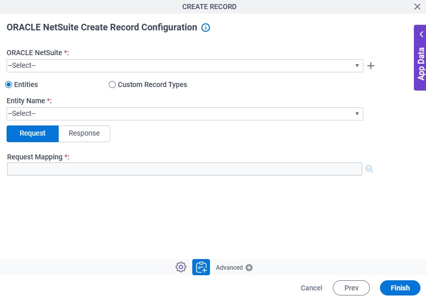 Oracle NetSuite Create Record Configuration Request tab