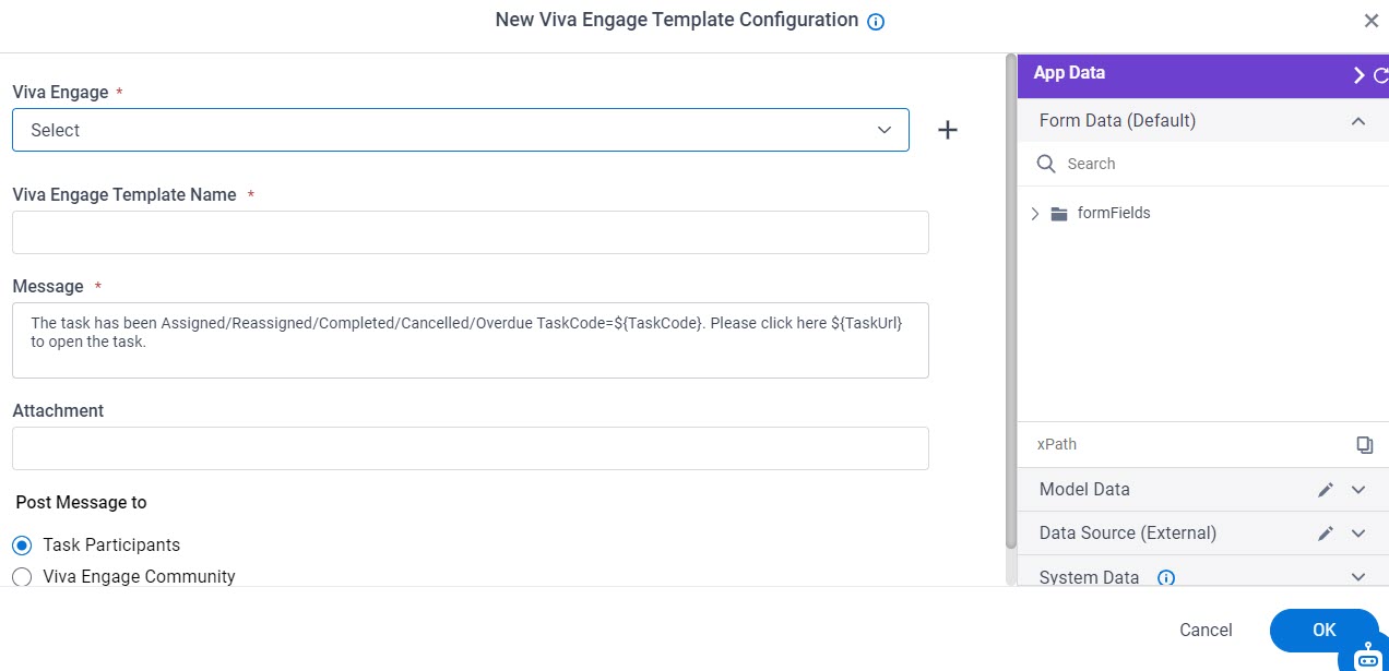 Yammer Template Configuration screen