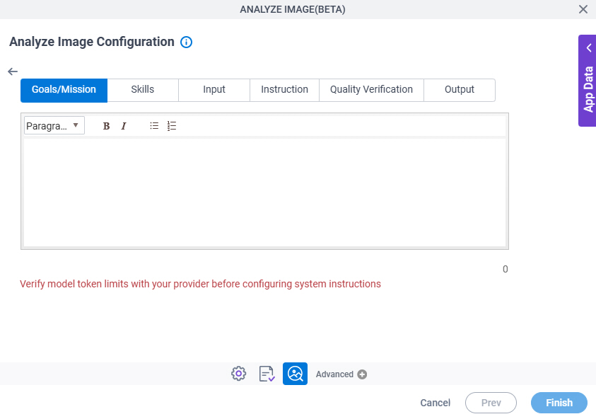 Analyze Image Configuration System Instruction Goals Mission tab