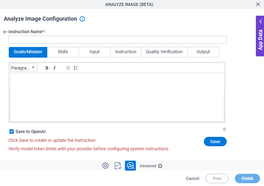 Analyze Image Configuration System Instruction Goals Mission tab
