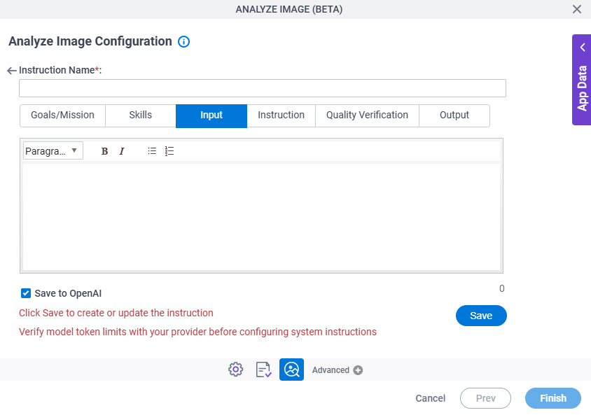Analyze Image Configuration System Instruction Input tab