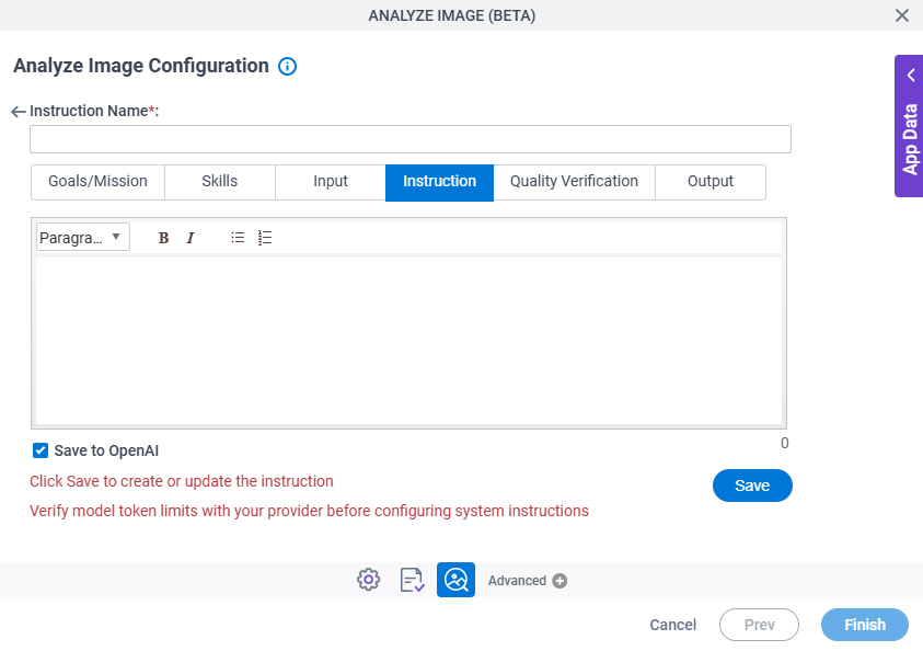 Analyze Image Configuration System Instruction Instruction tab