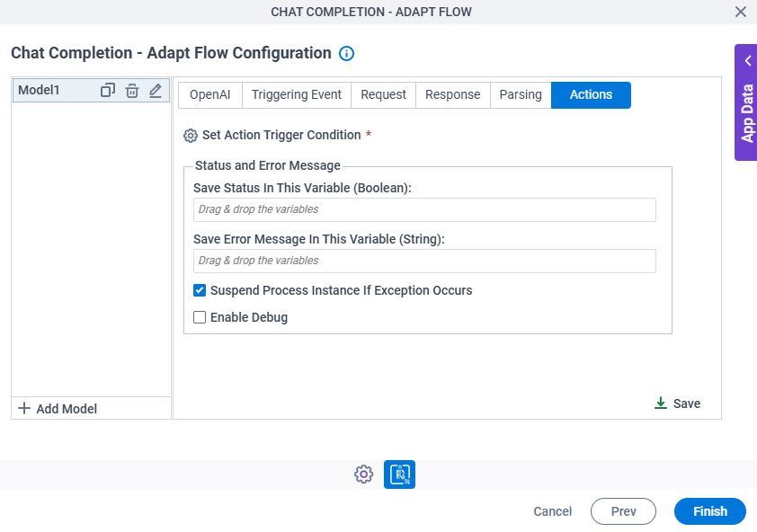 Chat Completion Adapt Flow Configuration Actions tab