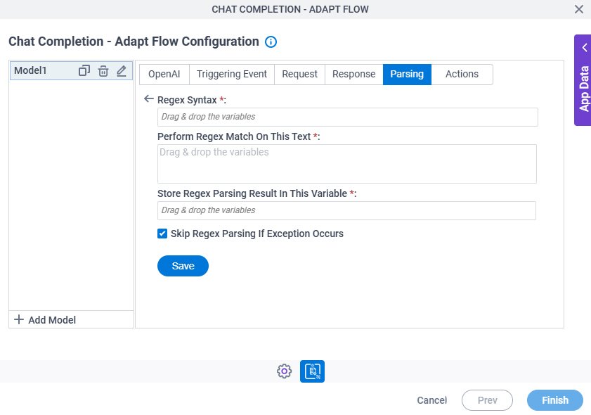 Chat Completion Adapt Flow Configuration Parsing Regex Parsing screen