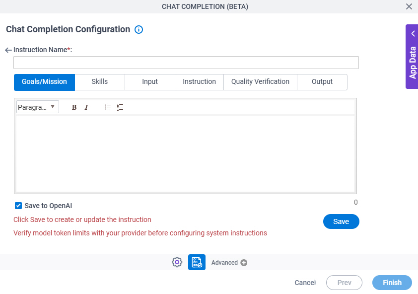 Chat Completion Configuration System Instruction Goals Mission tab