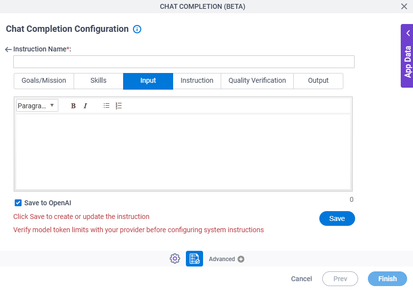 Chat Completion Configuration System Instruction Input tab
