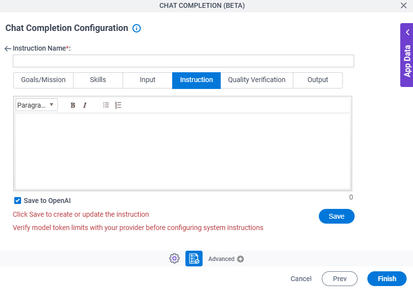 Chat Completion Configuration System Instruction Instruction tab