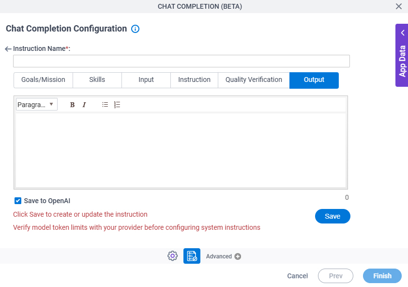 Chat Completion Configuration System Instruction Output tab
