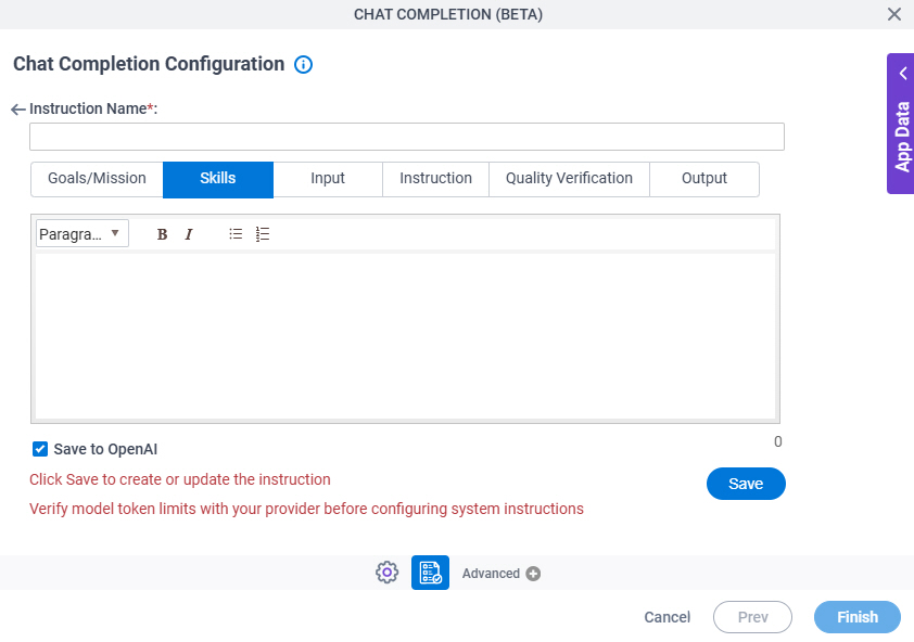 Chat Completion Configuration System Instruction Skills tab