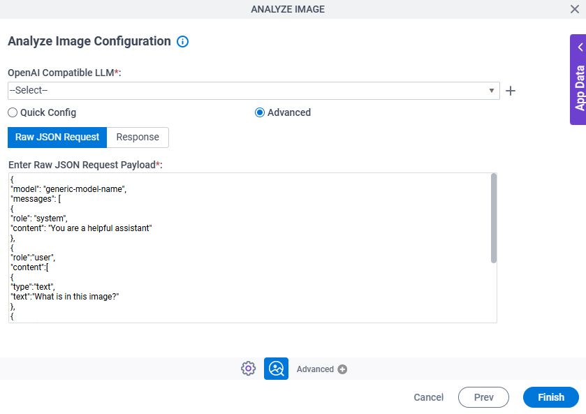 Analyze Image Configuration Advanced Raw JSON Request tab