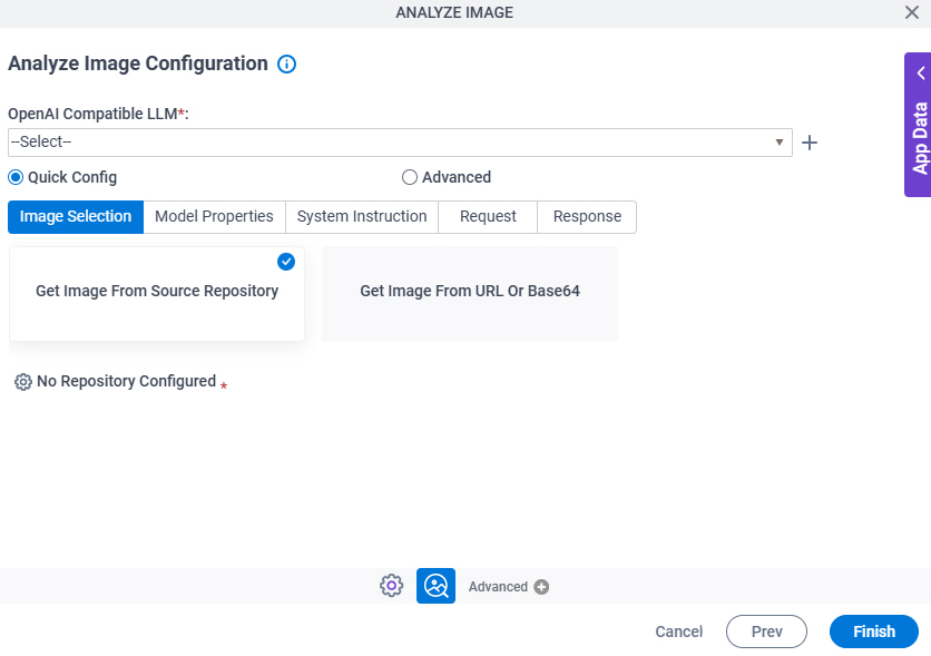 Analyze Image Configuration Quick Config Image Selection tab