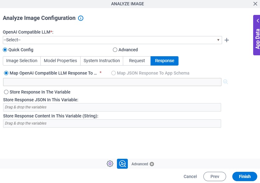 Analyze Image Configuration  Quick Config > Response tab