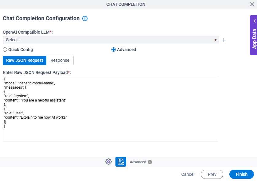 Chat Completion Configuration Advanced Raw JSON Request tab