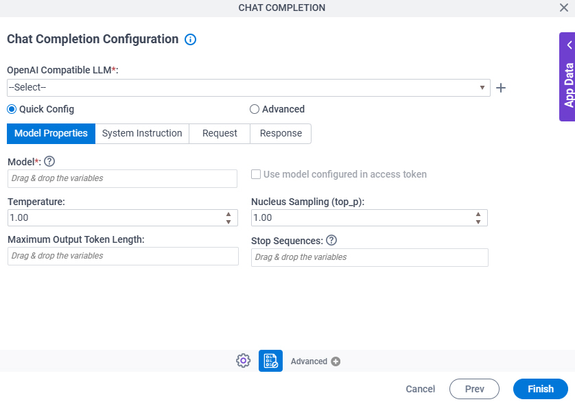 Chat Completion Configuration Model Properties tab
