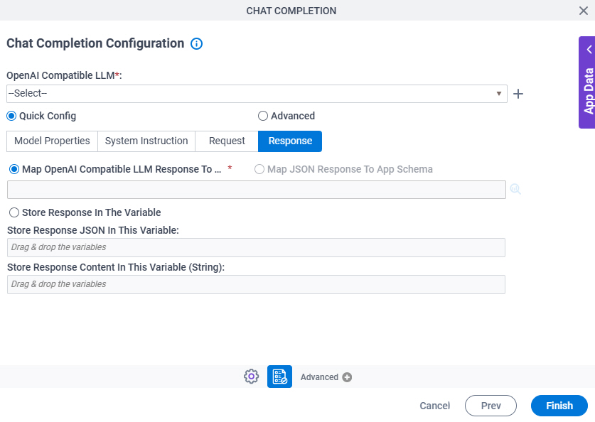 Chat Completion Configuration Quick Config Response tab