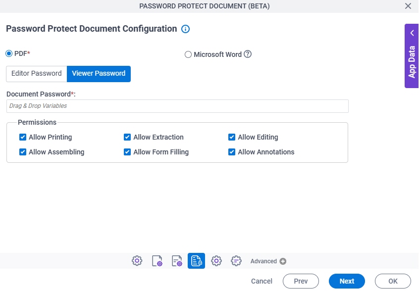 Password Protect Document Configuration PDF Viewer Password tab