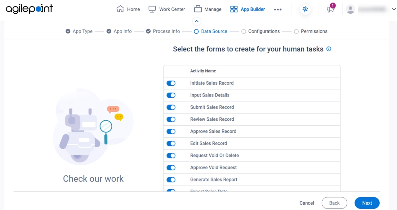 Select the forms to create for your human tasks screen