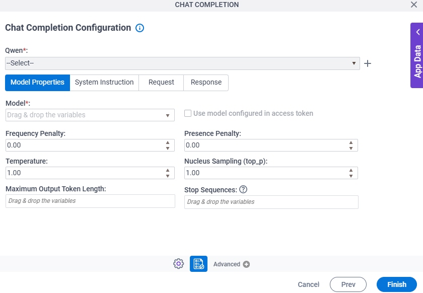 Chat Completion Configuration Model Properties tab