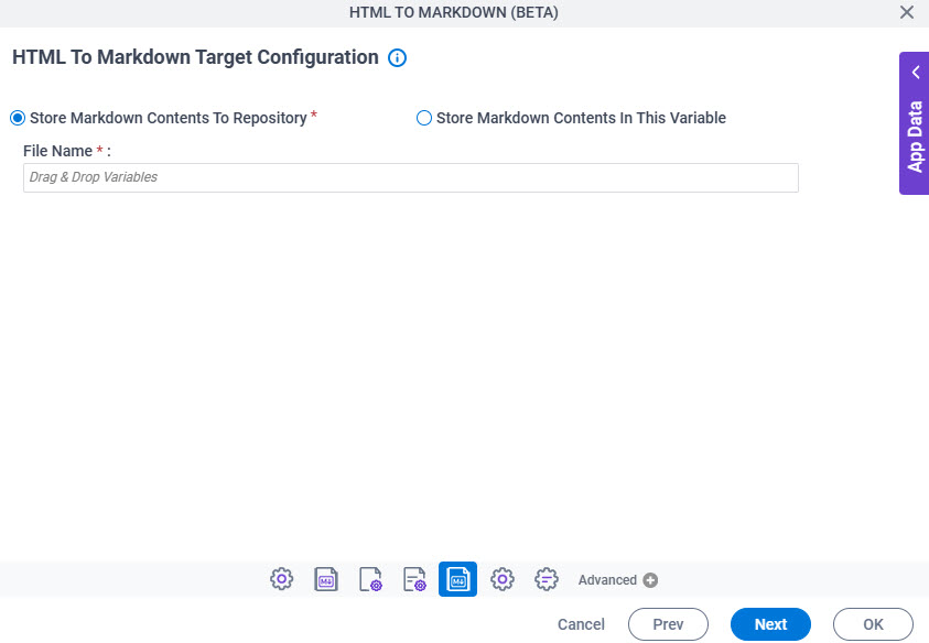HTML To Markdown Target Configuration screen