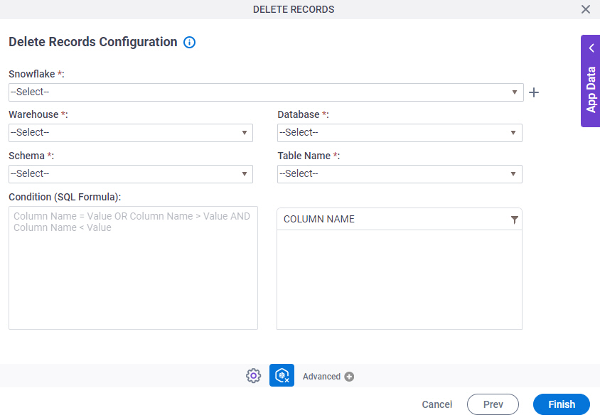 Delete Records Configuration screen