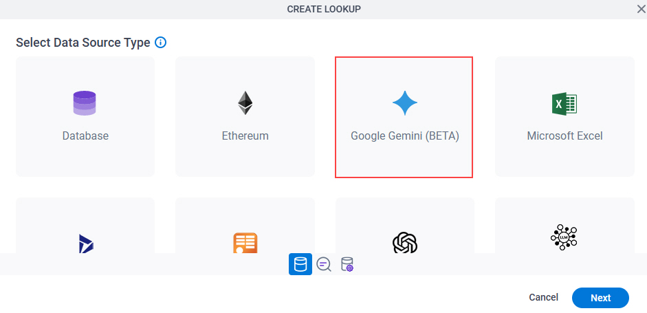 Select Data Source Type screen Google Gemini