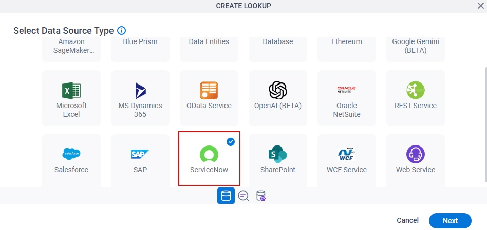 Select Data Source Type screen ServiceNow