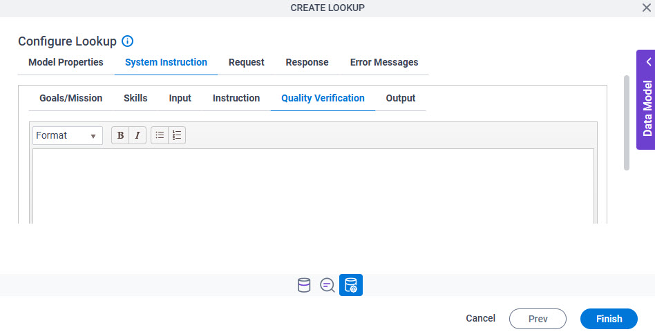 Configure Lookup System Instruction Quality Verification tab