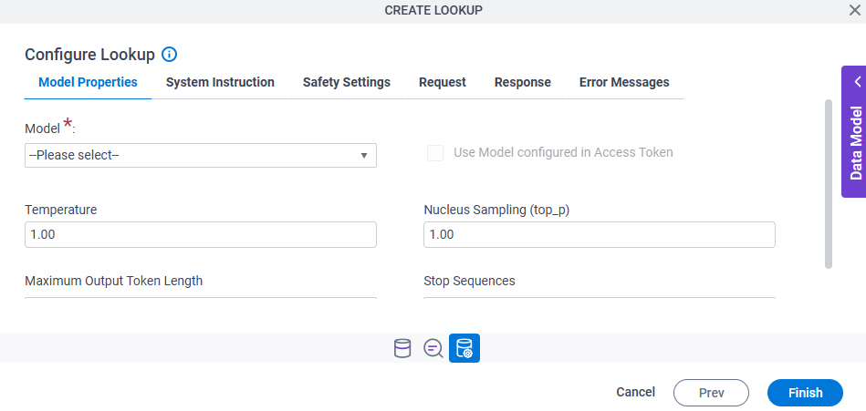 Configure Lookup Model Properties tab
