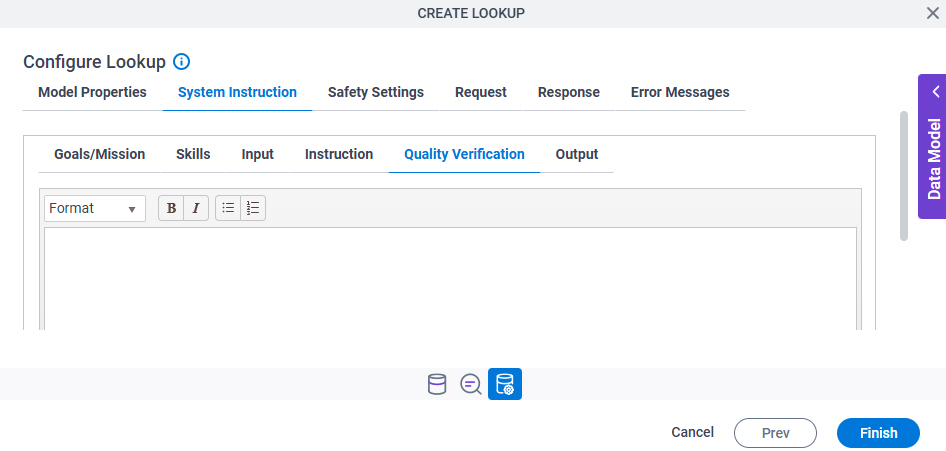 Configure Lookup System Instruction Quality Verification tab