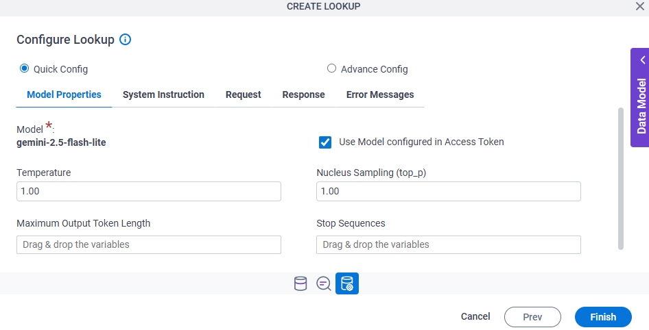 Configure Lookup Model Properties tab