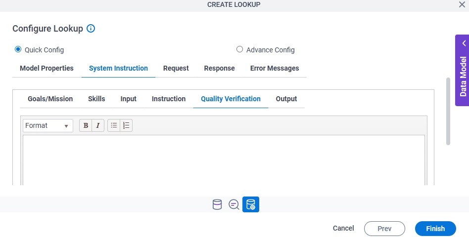 Configure Lookup System Instruction Quality Verification tab