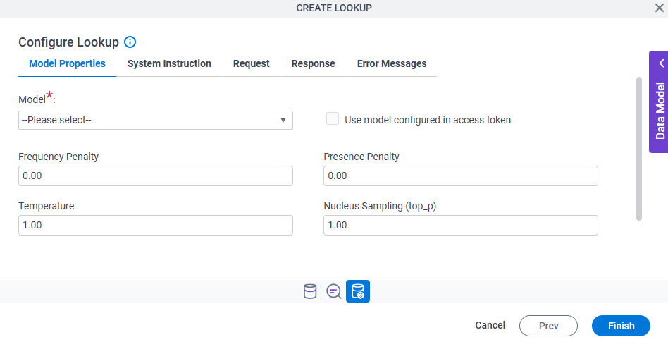 Configure Lookup Model Properties tab