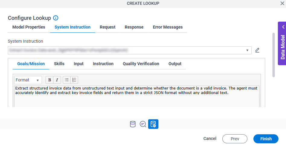 Configure Lookup System Instruction Goals or Mission tab