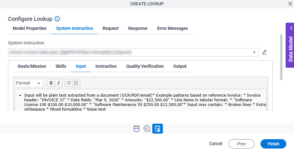 Configure Lookup System Instruction Input tab