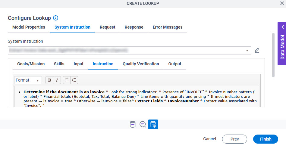 Configure Lookup System Instruction Instruction tab