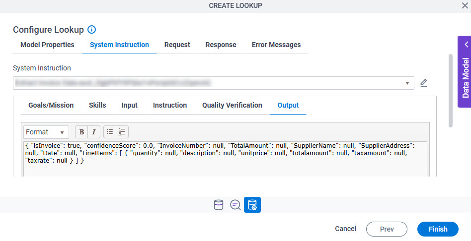 Configure Lookup System Instruction Output tab