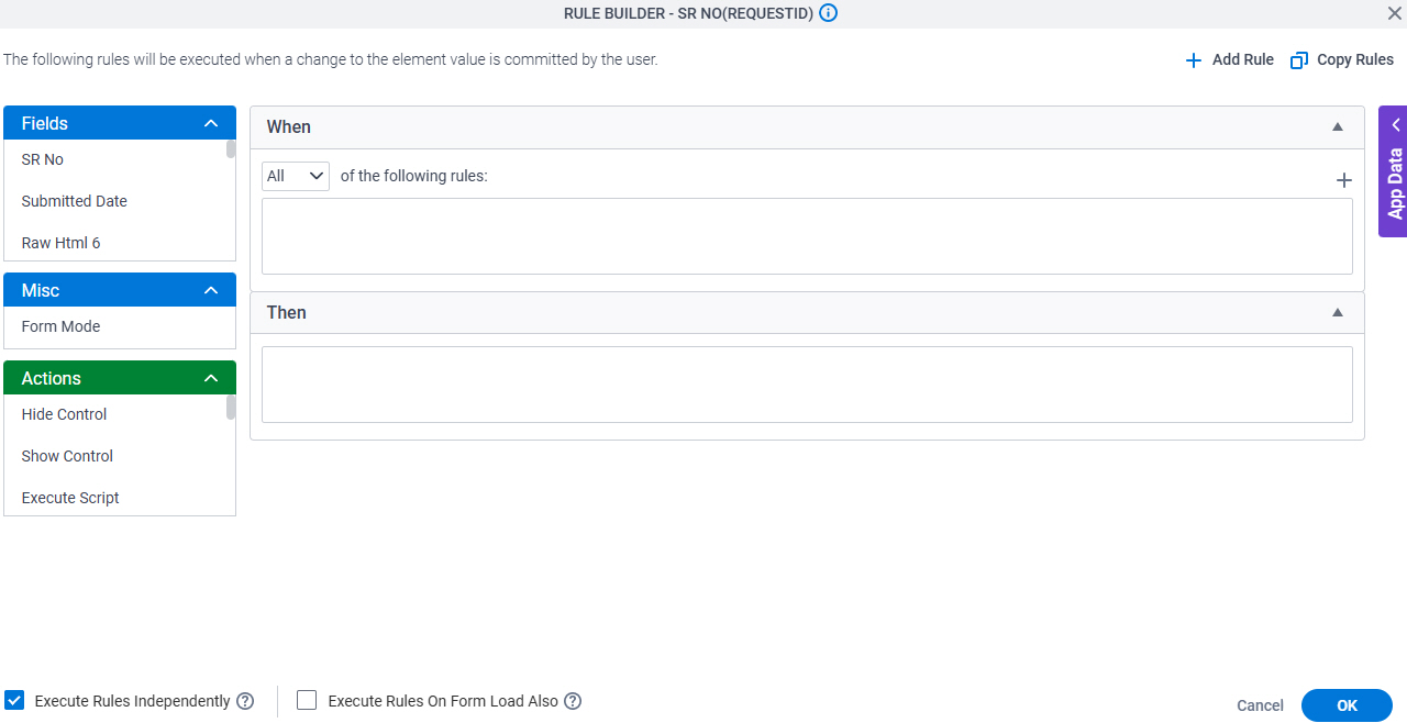 Rule Builder Form Control Configuration screen
