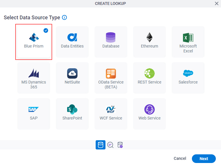 Select Data Source Type screen Blue Prism