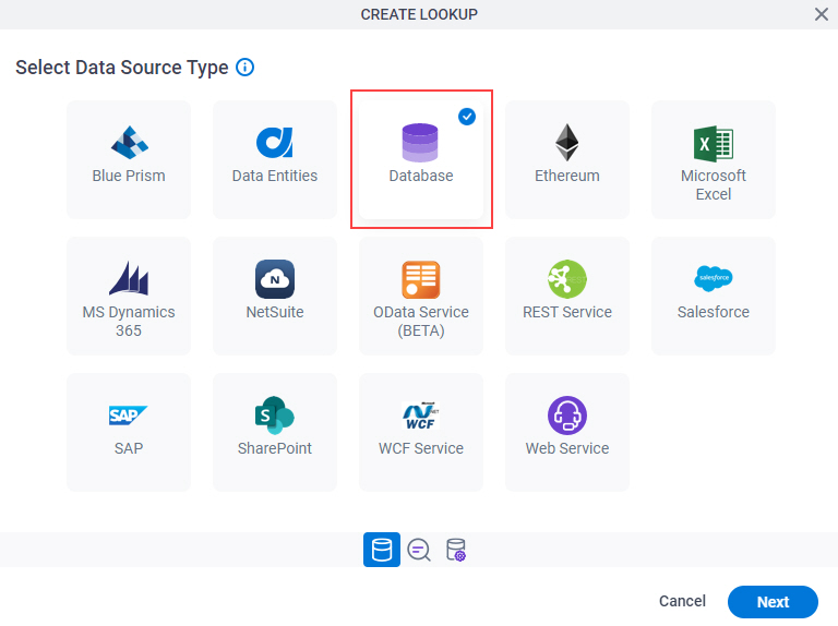 Select Data Source Type screen Database