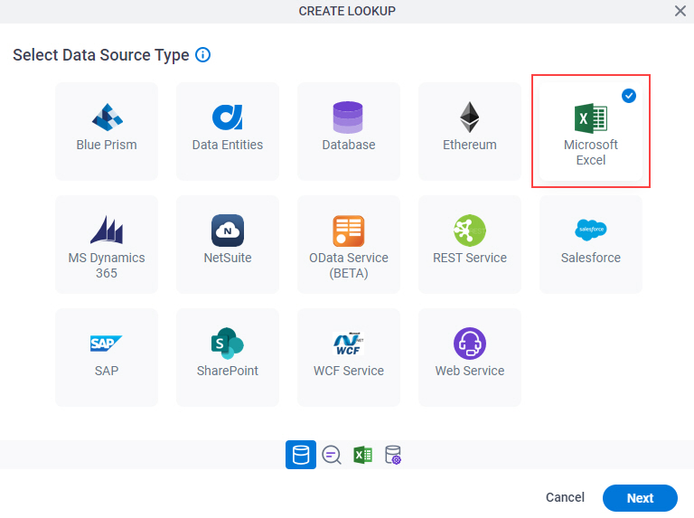 Select Data Source Type screen Microsoft Excel