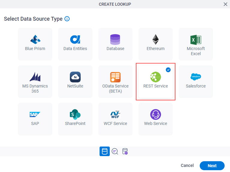 Select Data Source Type screen Rest Service