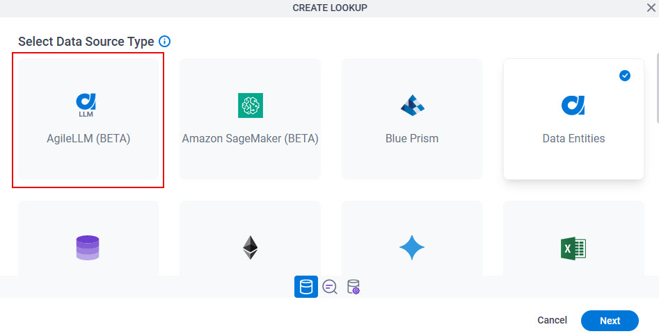 Select Data Source Type screen AgileLLM